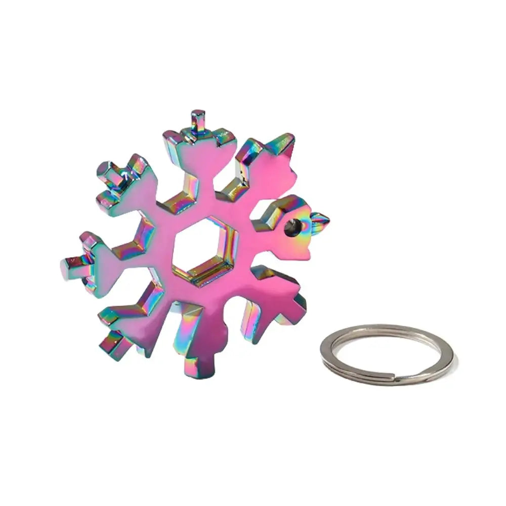 Snowflake 18-in-1 stainless steel multi-tool with bottle opener, iridescent rainbow finish, Simples Market keyring.