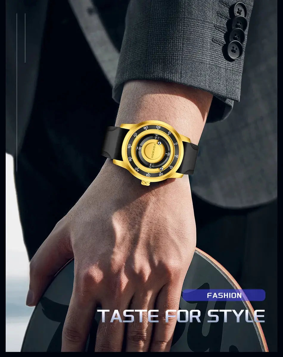 FOXBOX watch with gold-tone case and black strap; waterproof quartz timepiece for men by Simples Market