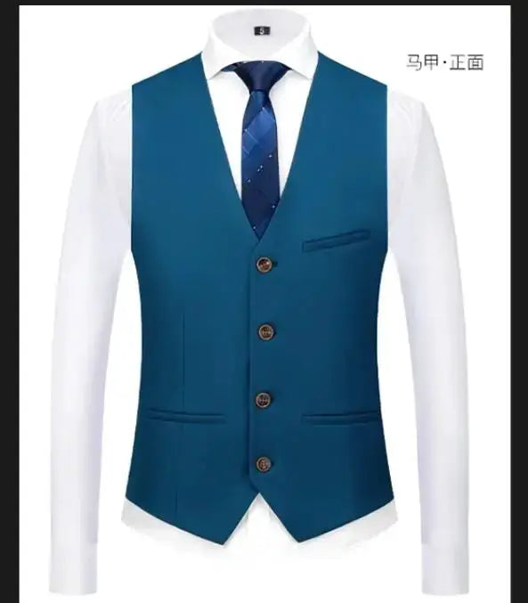 Royal blue vest waistcoat for men, slim-fit V-neck, worn over white shirt with navy tie