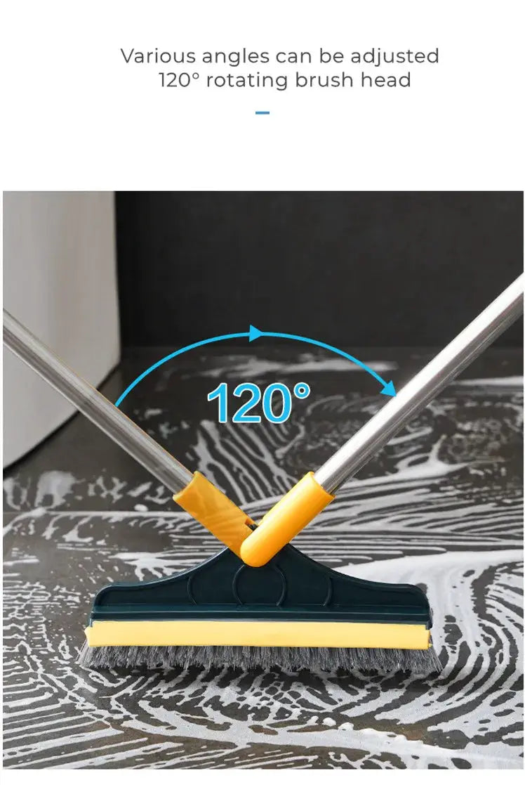 Simples Market bathroom floor brush with long dual handles and 120° rotating head, teal base with yellow sponge.