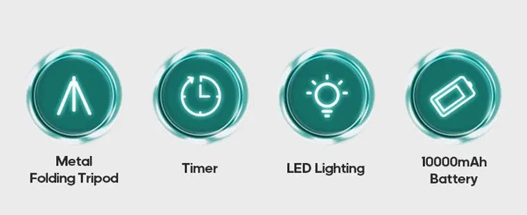 KINSCOTER outdoor camping fan by Simples Market with metal folding tripod, timer, LED lighting, and 10000mAh battery