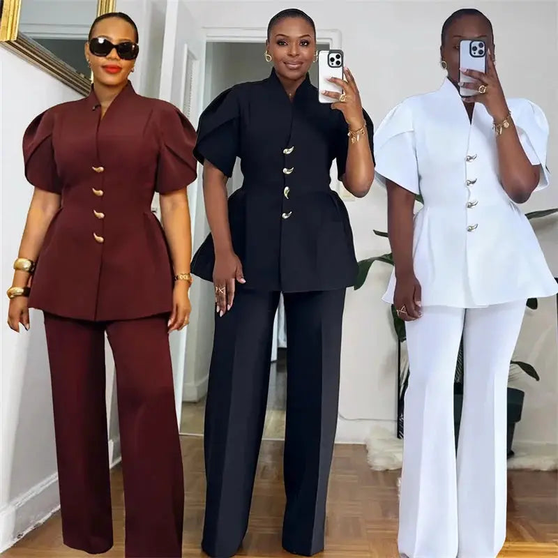 Two-Piece Set for Women by Simples Market in burgundy, black, white; puff-sleeve blazer and wide-leg pants.