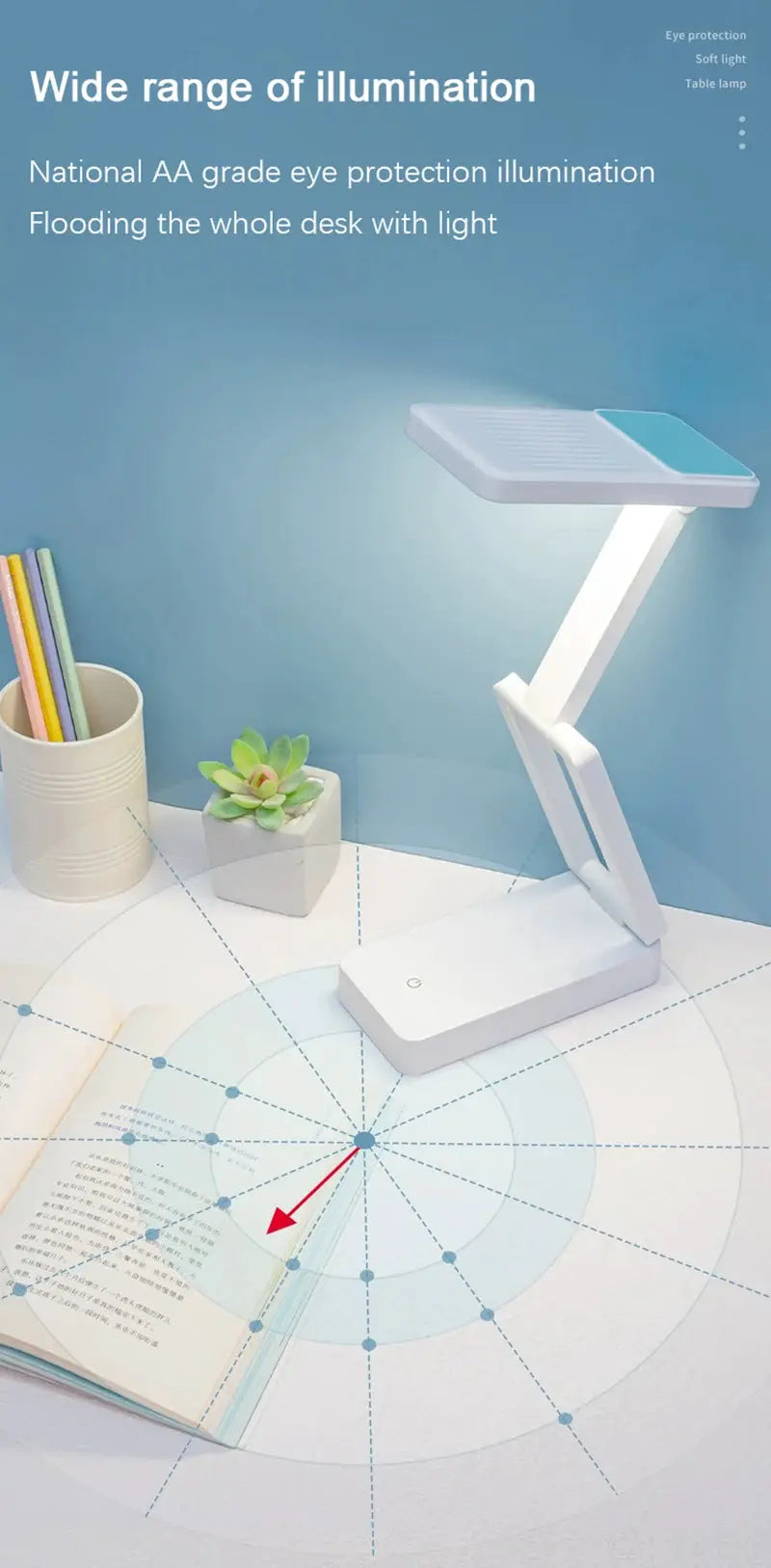 Folding LED desk lamp by Simples Market, white with blue accents, rechargeable portable dorm light.