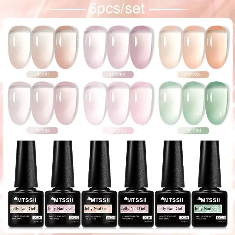 MTSSII Jelly Nail Gel Set, 6 pcs with assorted translucent jelly shades for UV soak-off nails