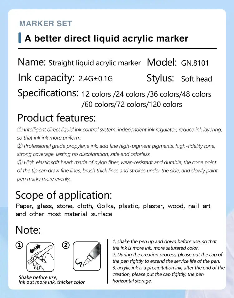 Acrylic marker set with soft brush nibs, waterproof, 12–120 colors for glass, stone, metal, wood, plastic and paper
