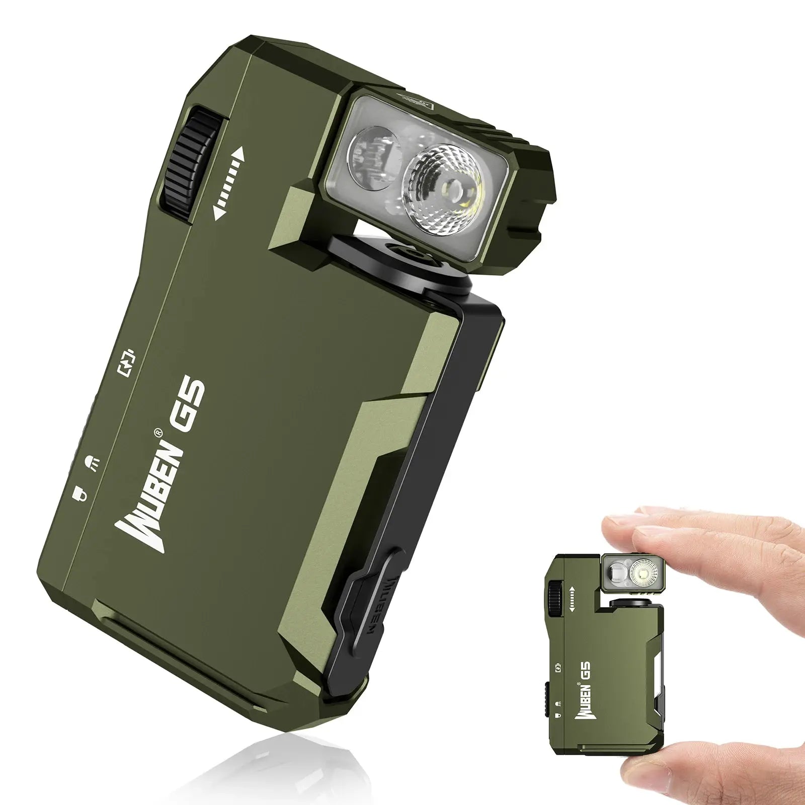 WUBEN G5 rechargeable EDC flashlight, olive green finish, dual-LED head, pocket-sized (2-pack)