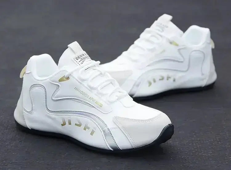 Men's white PU leather waterproof sneakers pair by Simples Market, lightweight breathable casual trainers