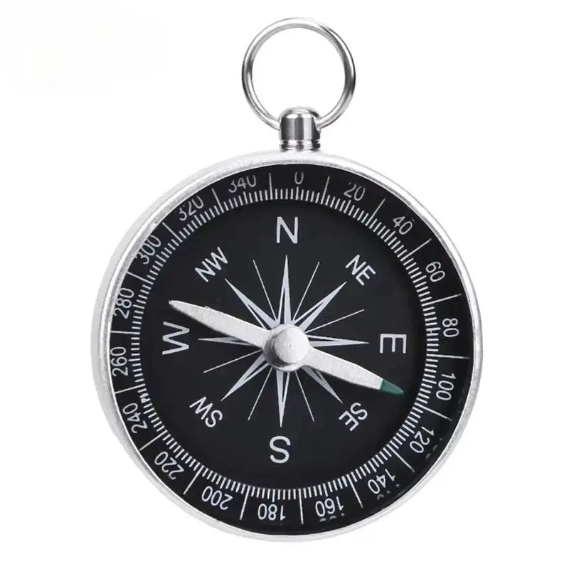 Mini aluminum alloy compass keychain with black dial and silver case