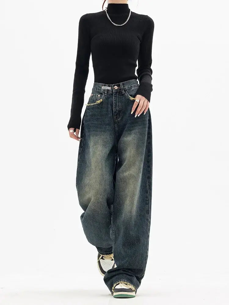 High Waist Wide Leg Jeans Women Harajuku Vintage BF Style Denim