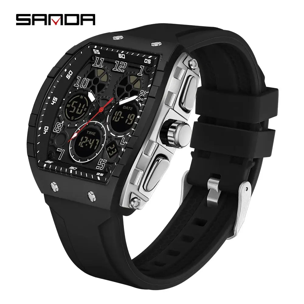 SANDA Tonneau Dial Digital Watch for Men Military Sport Dual Time Analog Digital LED Waterproof Wrist Clock