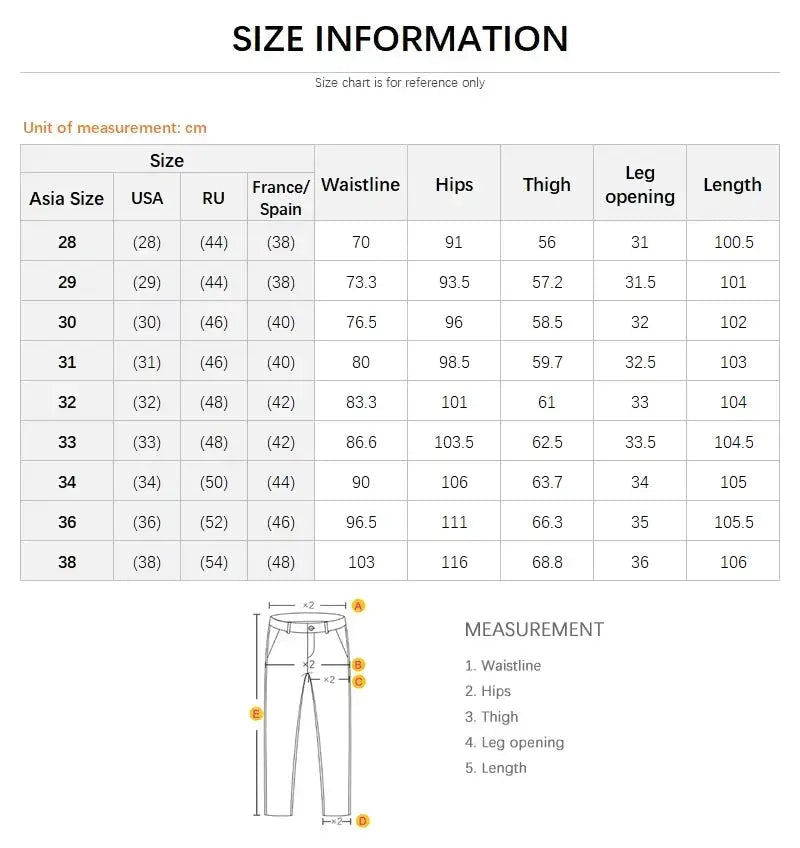 Simples Market men's casual trousers size chart and measurement diagram showing waist, hips, thigh, leg opening, length