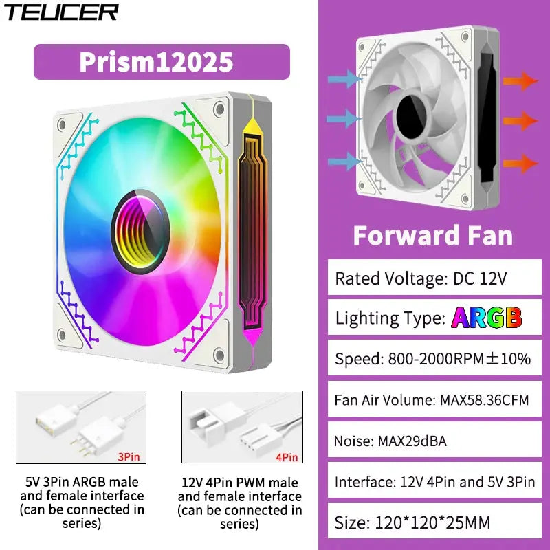 TEUCER Prism12025 120mm ARGB PC case fan, 5V 3Pin and 12V 4Pin PWM interfaces, 800–2000RPM, Simples Market