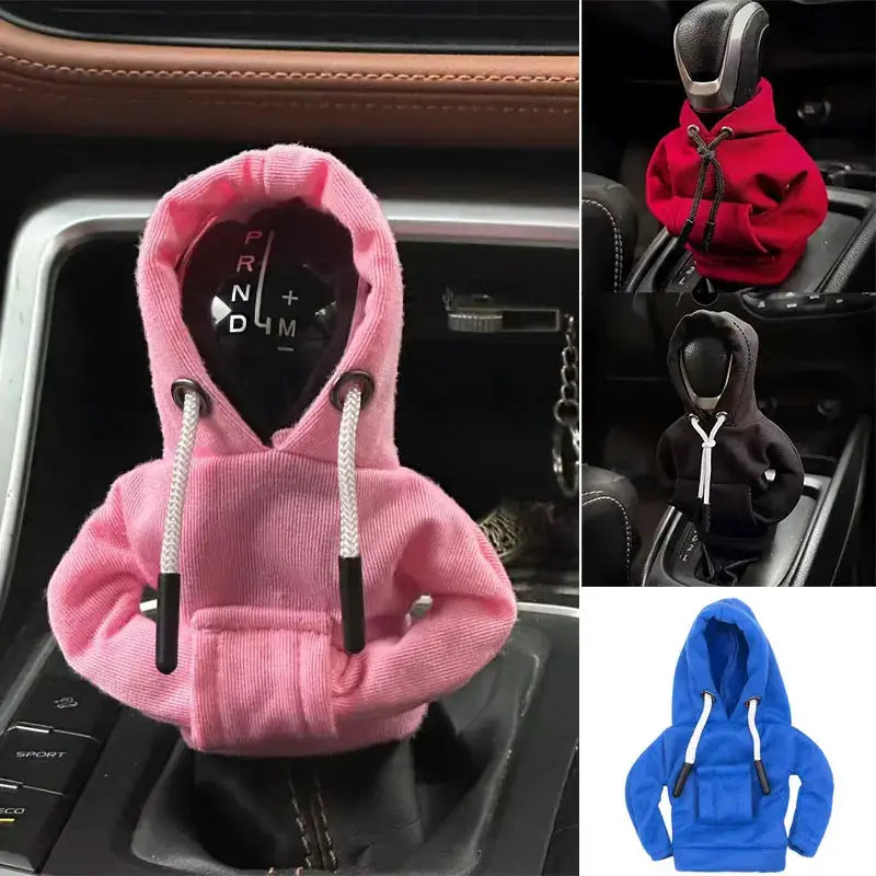 Simples Market gear shift hoodie cover set in pink, red, black and blue for car shifters; soft fabric interior decor.