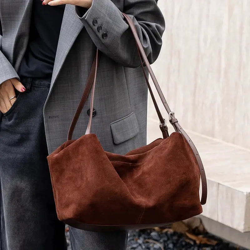 Luxora Women Suede Cowhide Leather Shoulder Crossbody Bag With Ample Space And Multiple Pockets