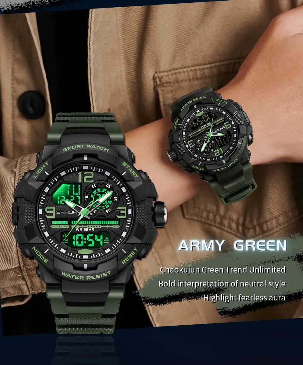 SANDA 6130 dual-display men's sport watch, army green, water resistant with LED digital display; two watches.