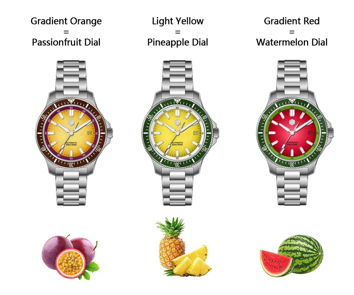 San Martin 40mm dive watch with passionfruit, pineapple and watermelon dials; stainless bracelet, NH35 automatic, 200m.