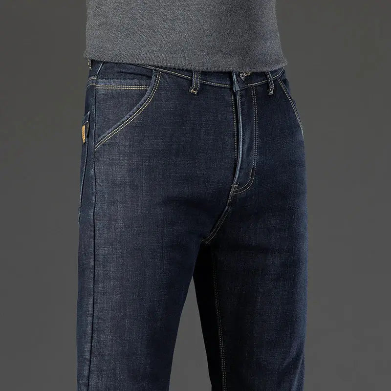 Men's winter warm fleece jeans by Simples Market in dark blue denim straight-leg trousers.
