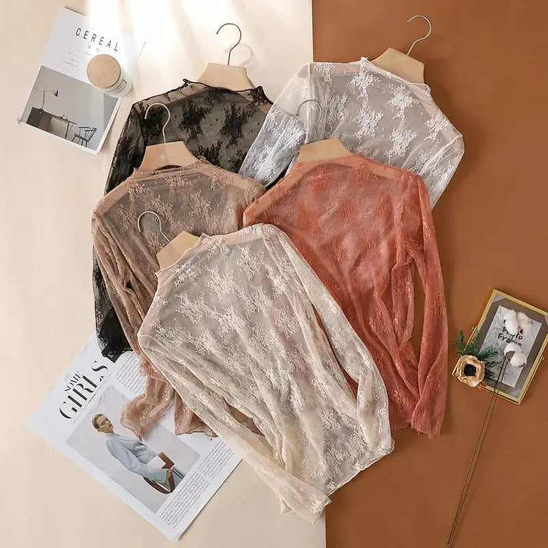 NovaLace Sheer Mesh Blouse With Floral Lace Long Sleeve See Through Top for Women