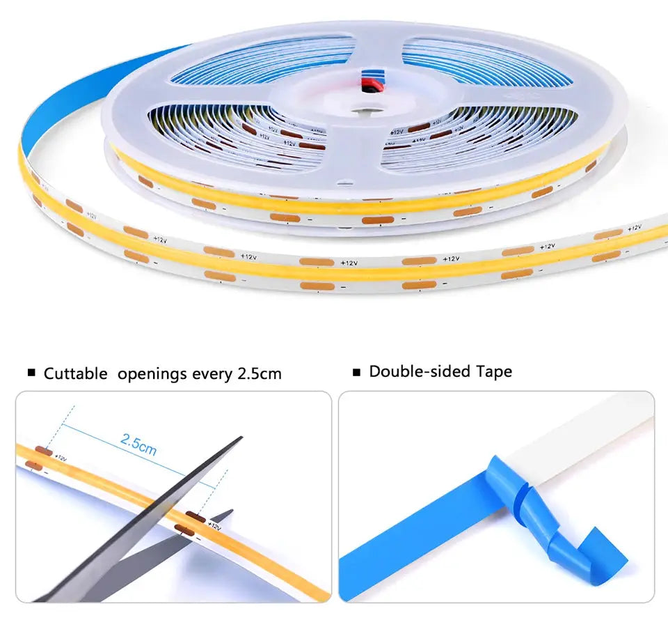 LED strip light reel by Simples Market; 12V COB strip, cuttable every 2.5cm with double-sided tape for under-cabinet/wardrobe lighting