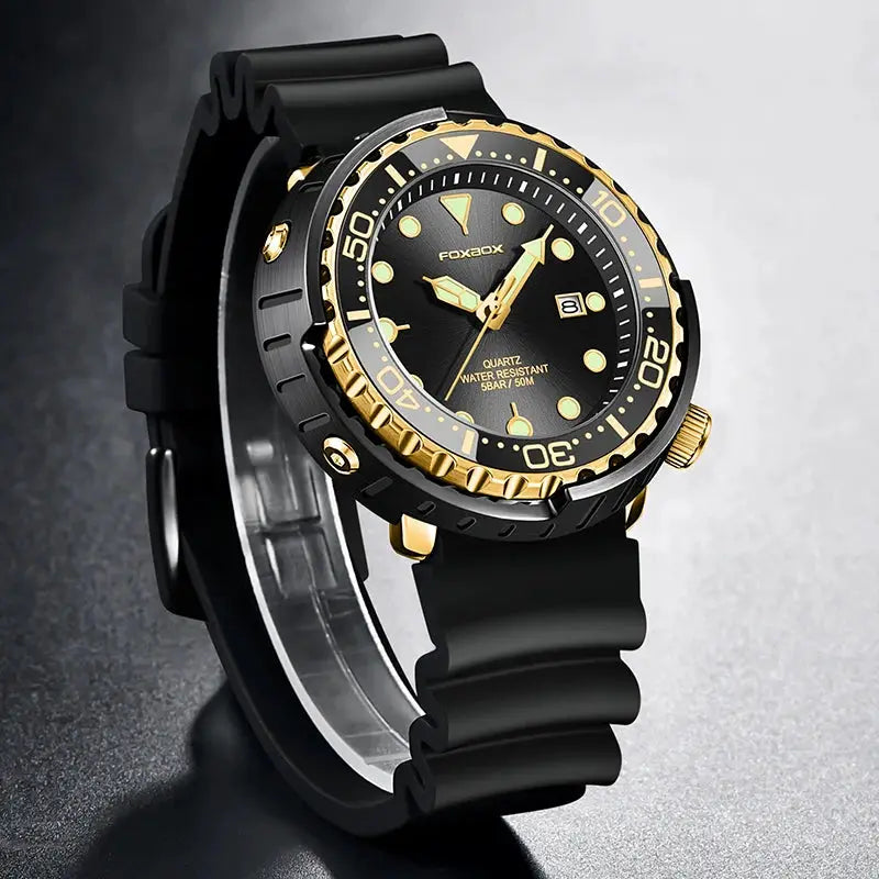 Mens diver watch with black rubber strap, black dial, gold-tone bezel, water resistant 50m