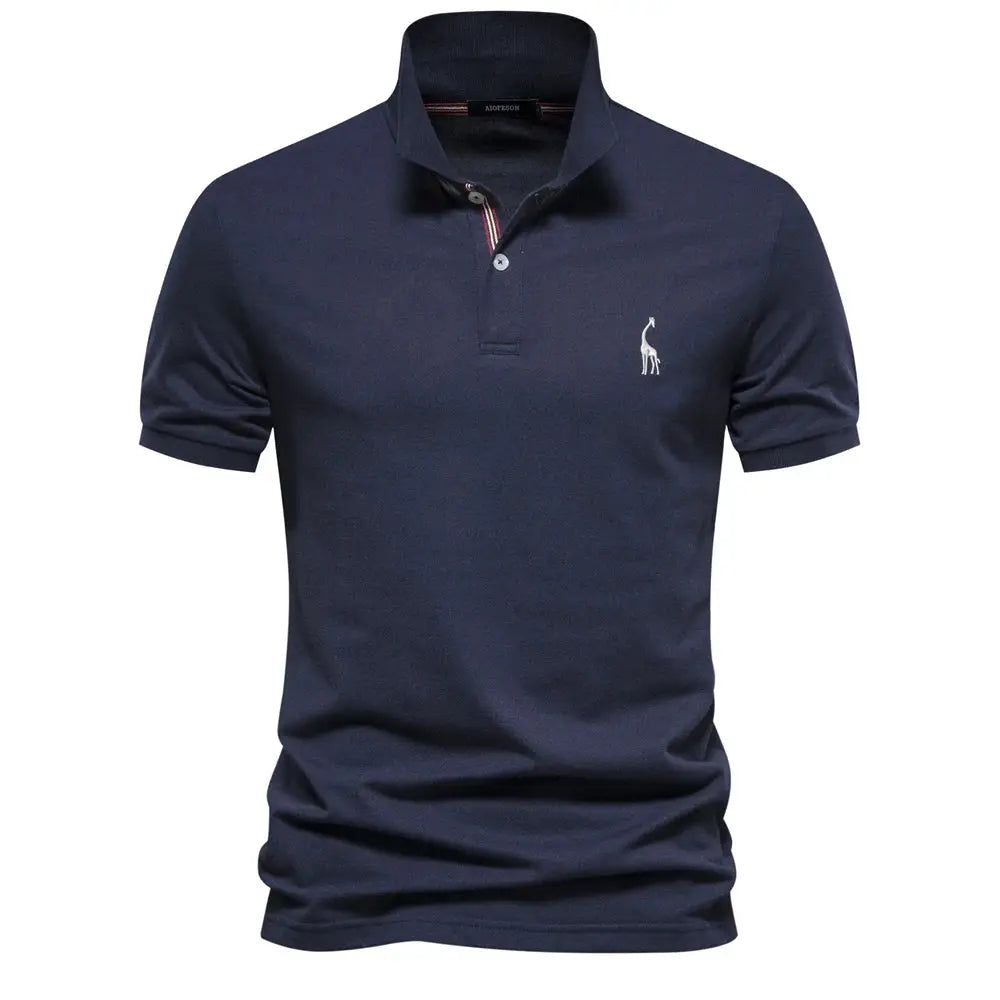 Men's navy cotton polo shirt with short sleeves and a small white polo-logo on chest.