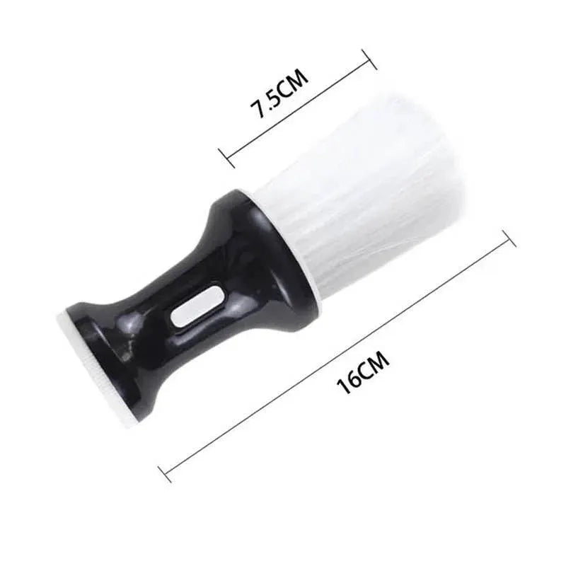 Simples Market neck duster brush for hair cutting with black handle and white bristles, 16 cm long, 7.5 cm wide.