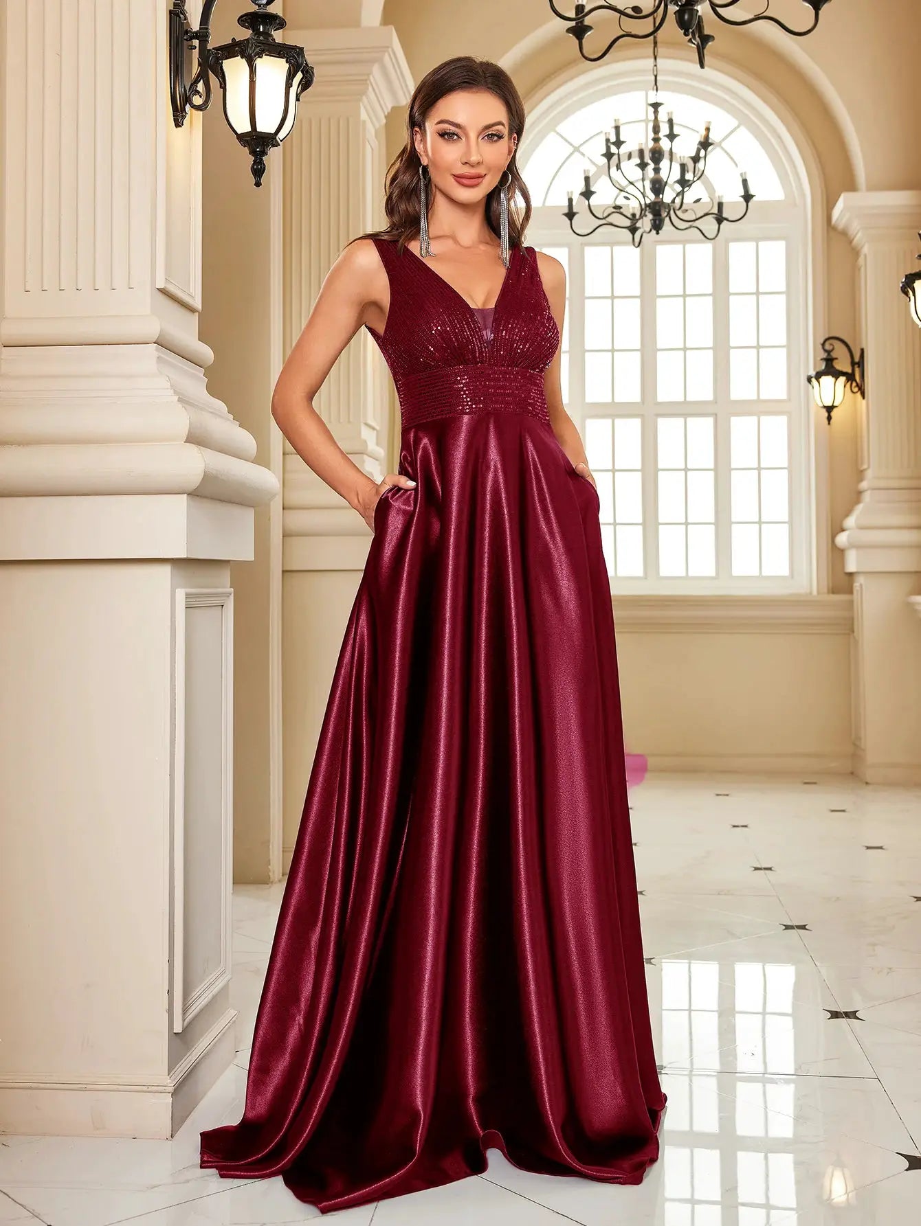 Emerald Green Sequin Evening Dress V Neck Satin Prom Floor Length
