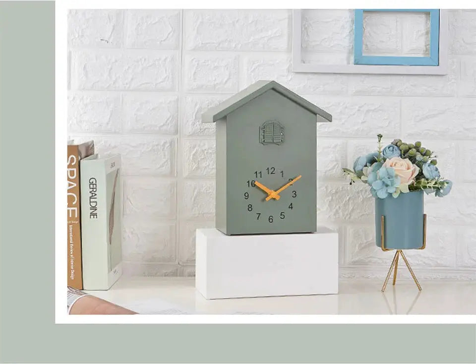 20x25cm cuckoo quartz wall clock, gray-green house-shaped with orange hands for modern home decor