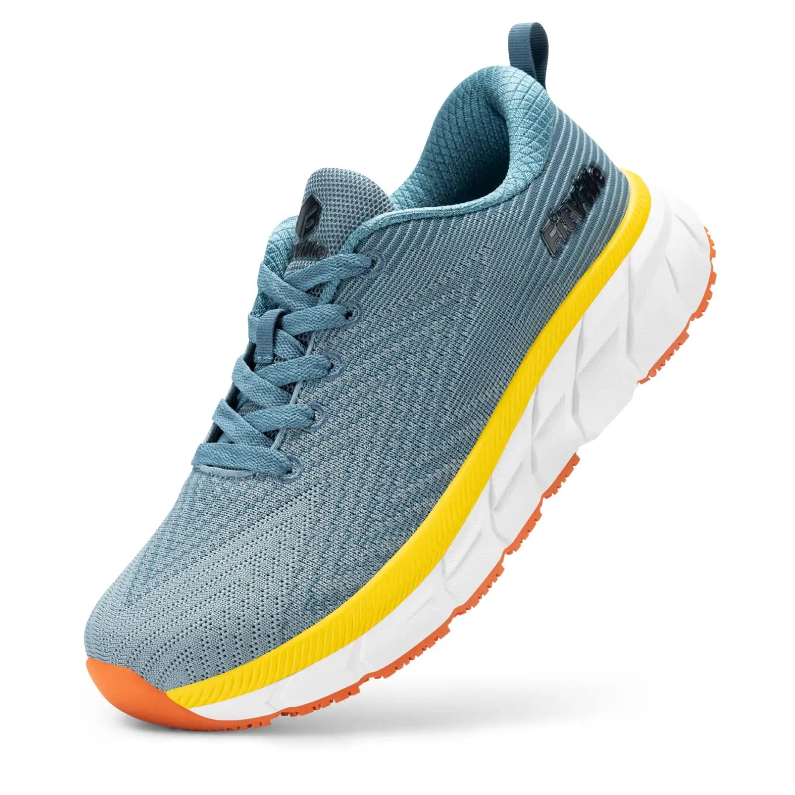 FitVille men's wide-toe-box running shoe with blue knit upper, yellow midsole accent, orange outsole