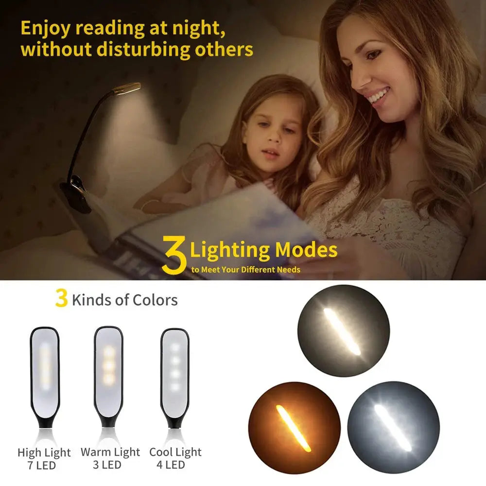 Simples Market LED book light USB rechargeable clip-on reading lamp with 3 color modes: warm, cool, daylight.