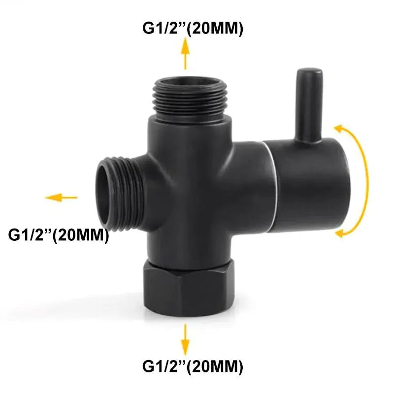 Handheld black toilet bidet spray valve with three G1/2in ports and side lever.