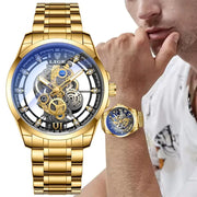 LIGE men's gold stainless steel skeleton watch with blue dial, two watches shown (front close-up and on wrist)