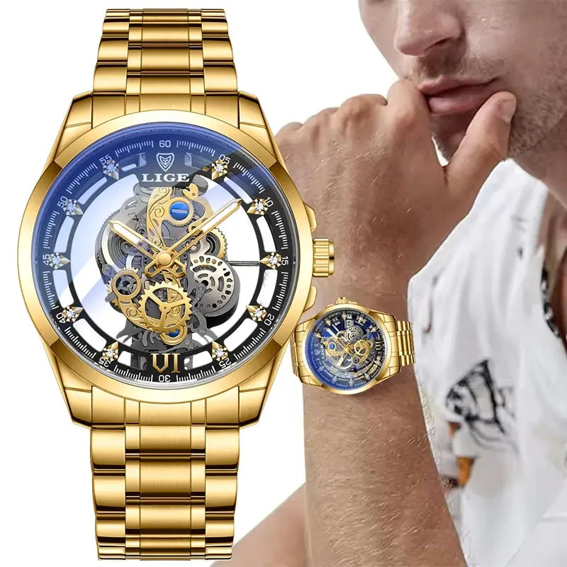 LIGE men's gold stainless steel skeleton watch with blue dial, two watches shown (front close-up and on wrist)