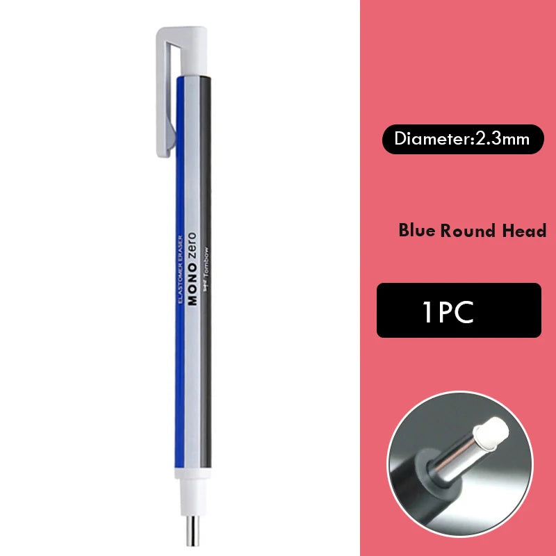 Tombow Mono Zero eraser pen; blue and white body with metal clip
