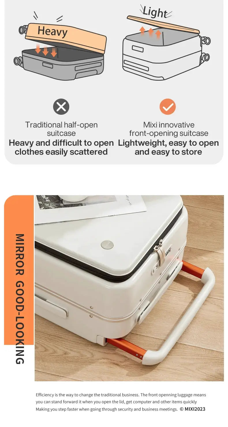 Mixi 20-inch carry-on suitcase by Simples Market with front-opening design, white PC shell and aluminum frame