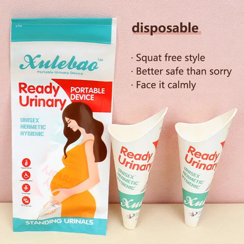 Xulebao disposable female urination devices; two portable tubes beside turquoise packaging with pregnant silhouette