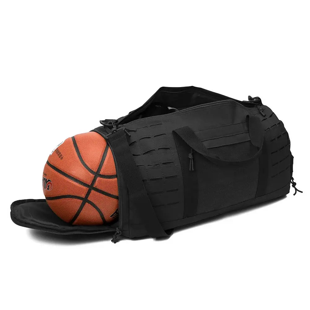 40L black tactical gym bag duffel with dual straps; basketball tucked in end pocket