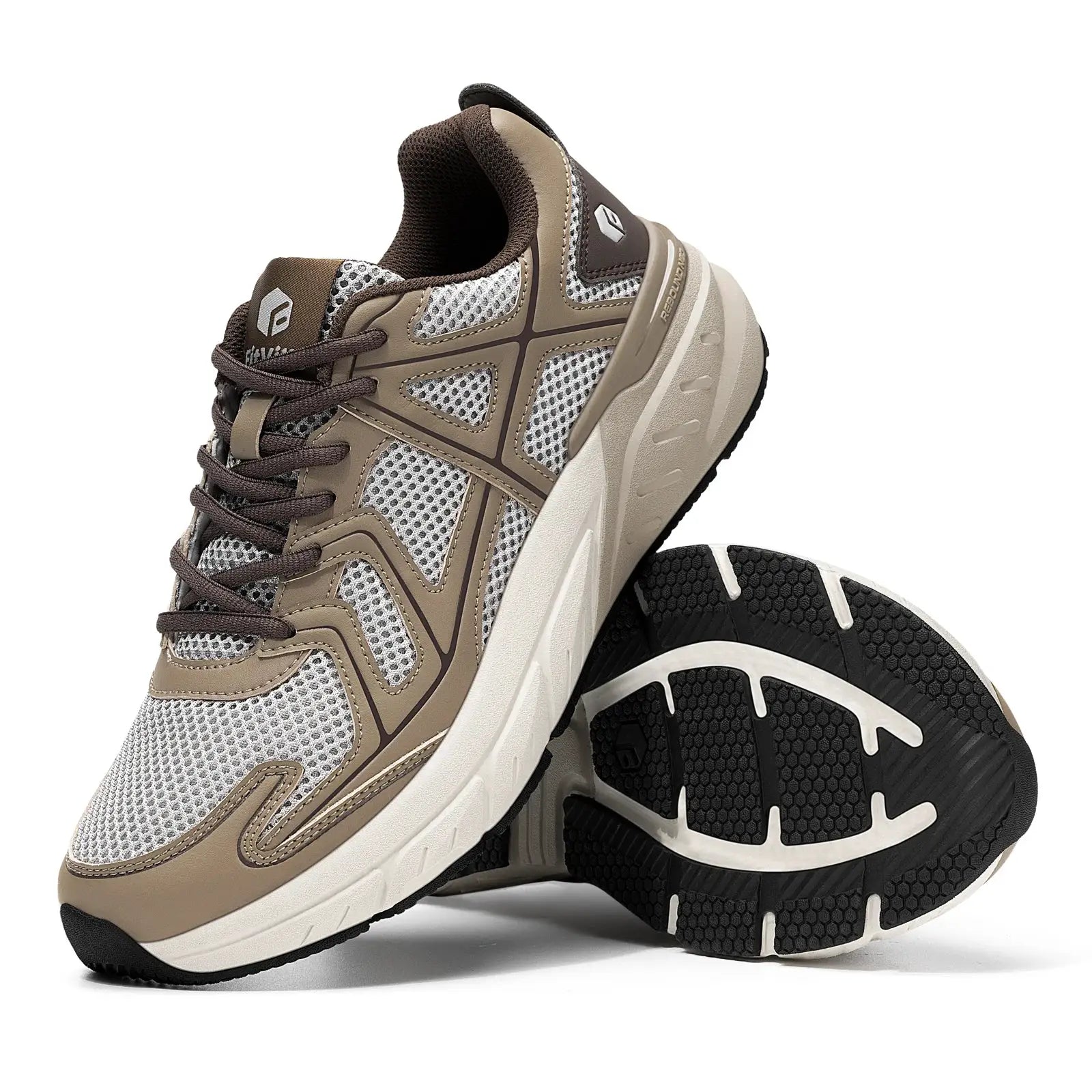 Pair of Fitville men's walking shoes by Simples Market with tan mesh upper, brown overlays, and chunky white sole