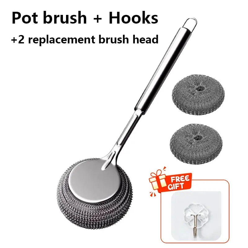 Stainless steel pot brush set with long handle and 2 replacement heads, Simples Market; includes 2 steel wool scrubbers