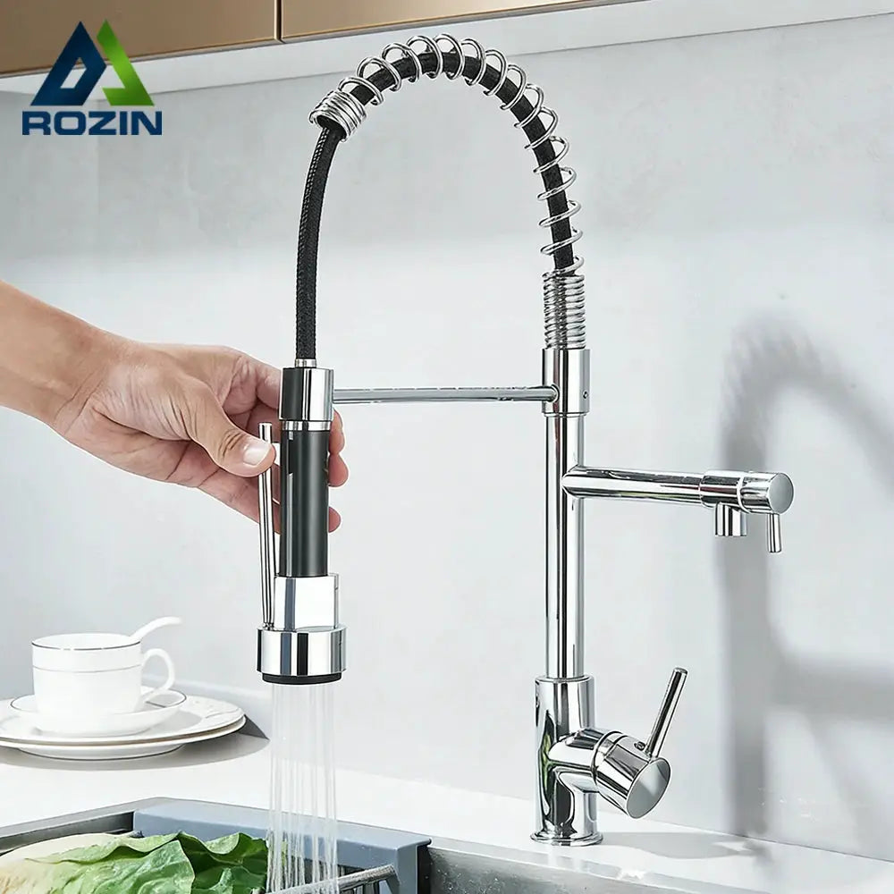Rozin pull-down kitchen faucet, black and chrome with spring coil, hot/cold, deck-mounted