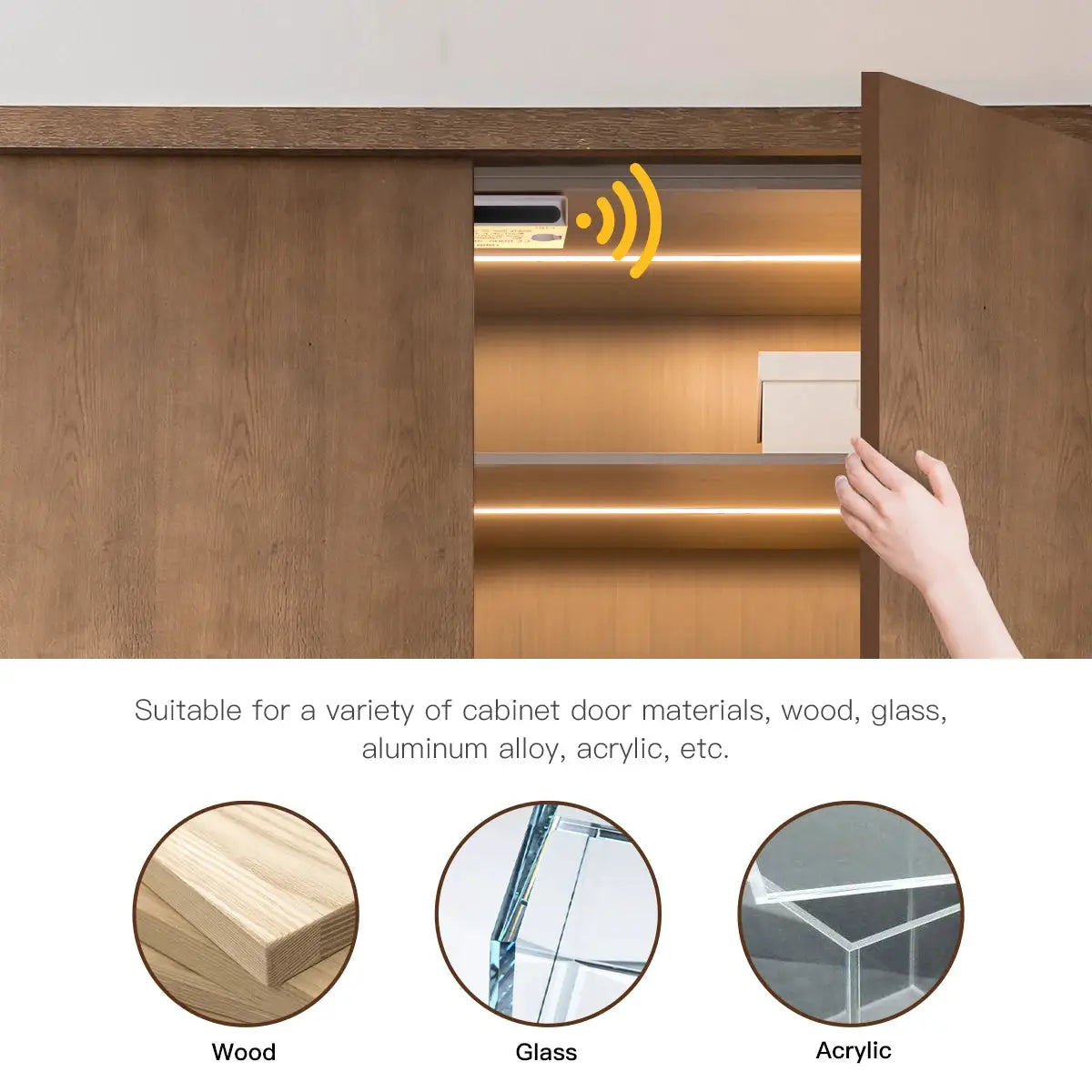 Smart door proximity sensor LED under-cabinet light mounted in a wooden cabinet; warm COB illumination.