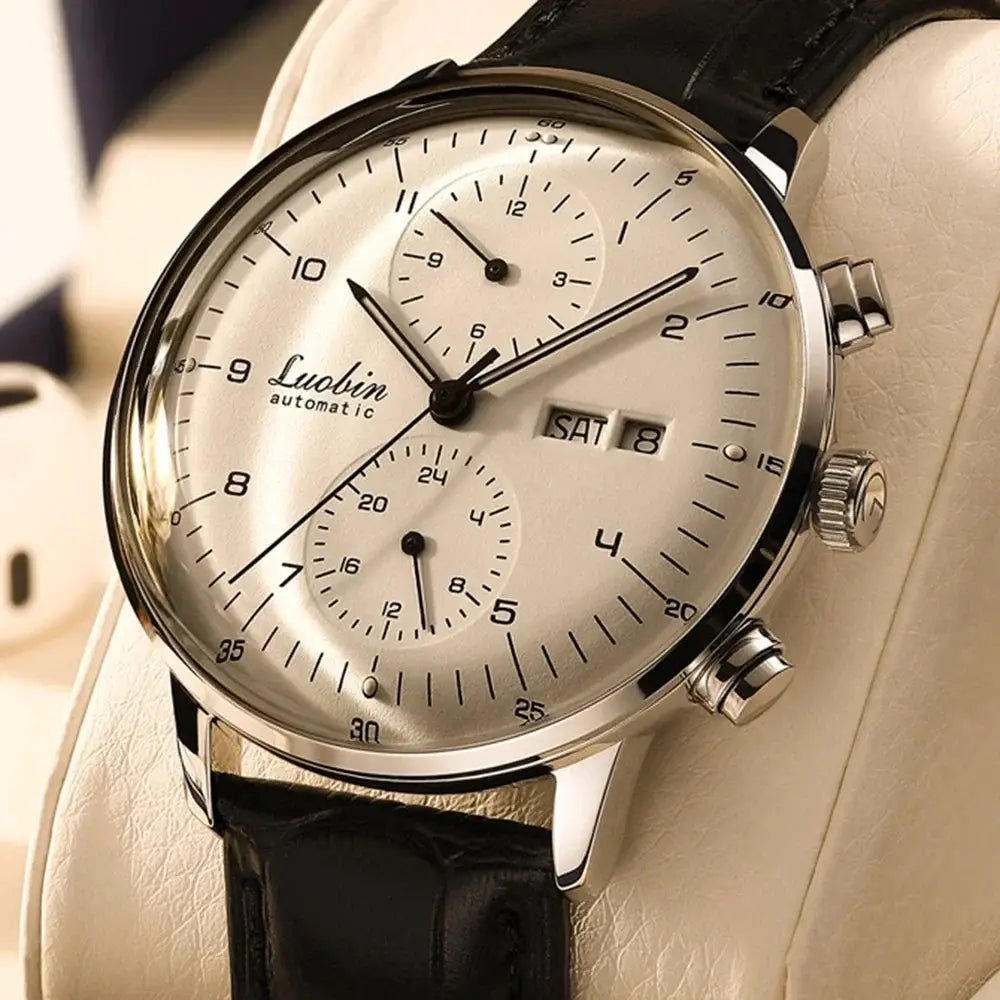 Luobin men's mechanical wristwatch with stainless steel case, silver dial and black leather strap