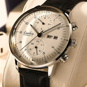 Luobin men's mechanical wristwatch with stainless steel case, silver dial and black leather strap