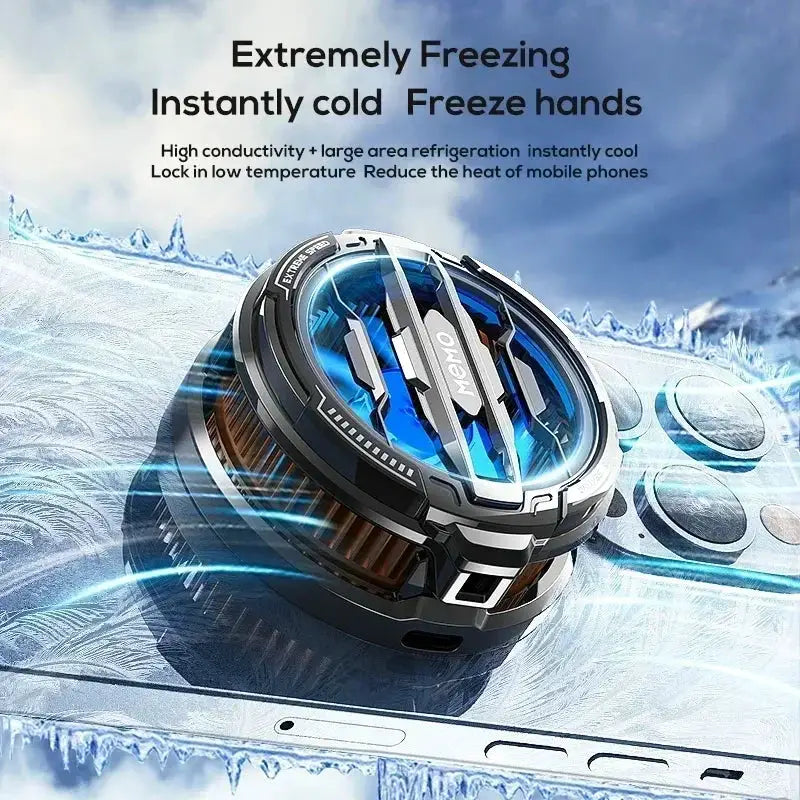 Simples Market CX08 mobile phone cooler with magnetic back clip; circular semiconductor cooling fan.