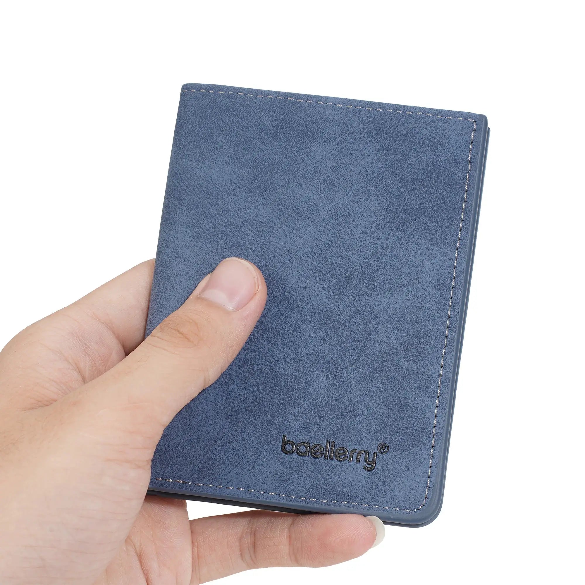 Baellerry men's blue RFID anti-theft slim bi-fold wallet held in hand