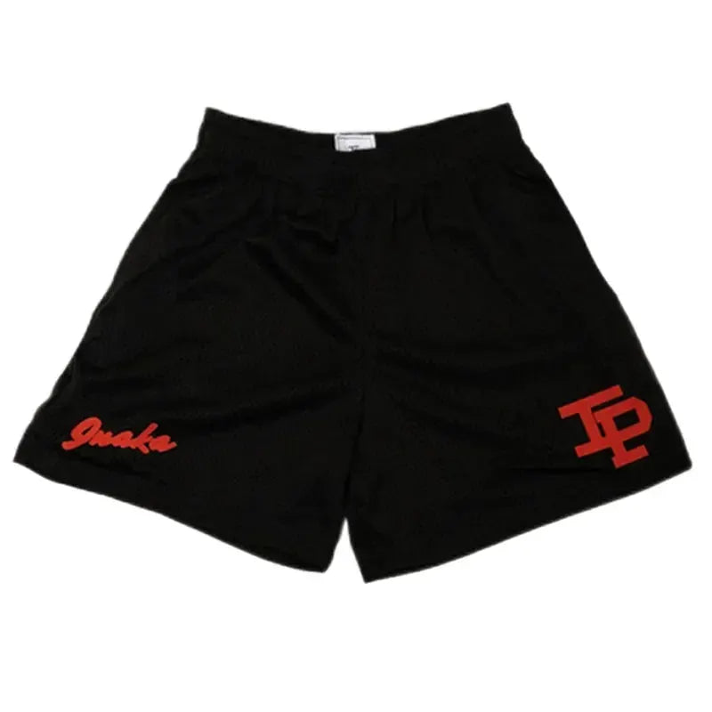Mens black quick-dry athletic shorts by Simples Market with red logo accents