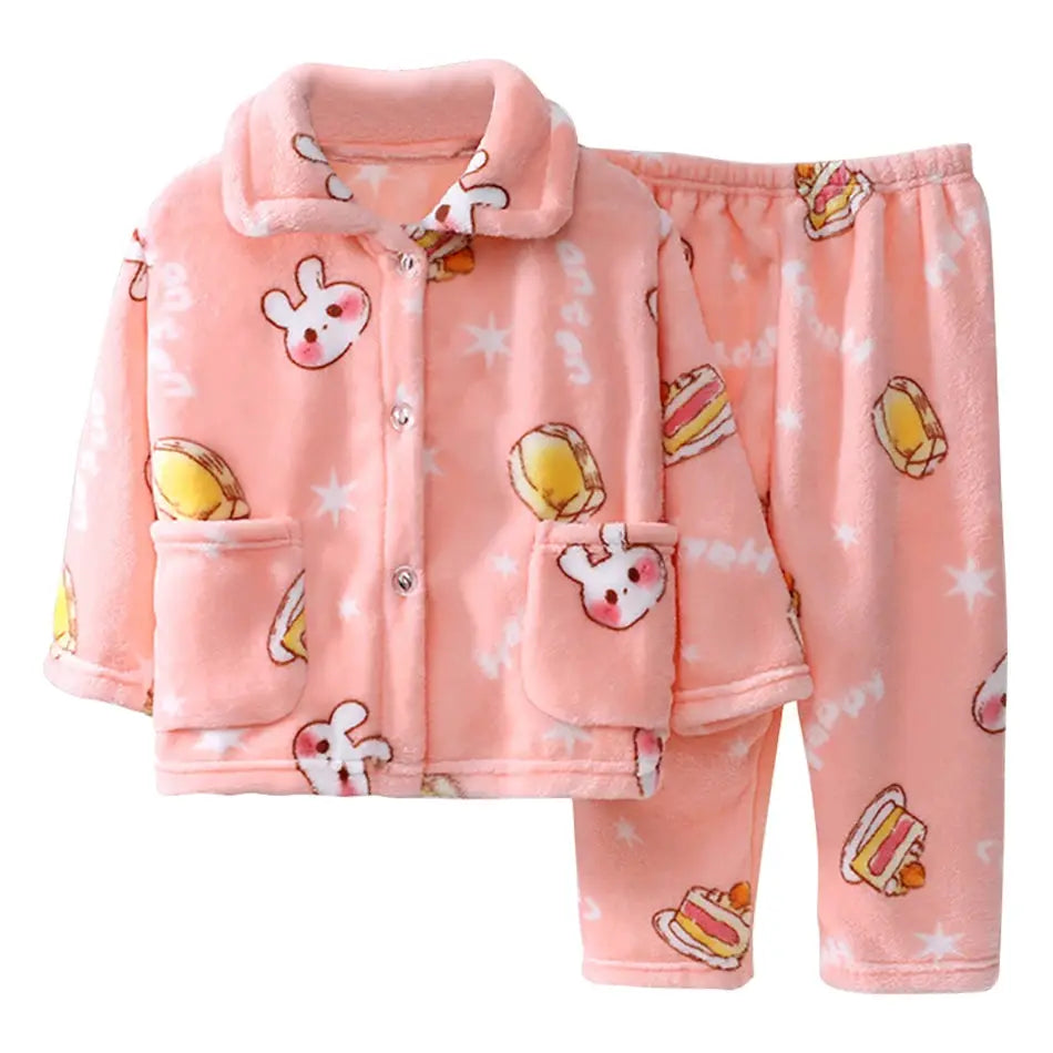 Cute Cartoon Pattern Coral Fleece Flannel Pajama Sets For Boys And Girls Long Sleeve Warm Comfortable Winter Sleepwear