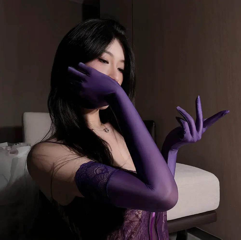 Oil Slick Shine Ultra Thin Women Elbow Length Transparent Glossy Gloves Elastic Fit Clubwear