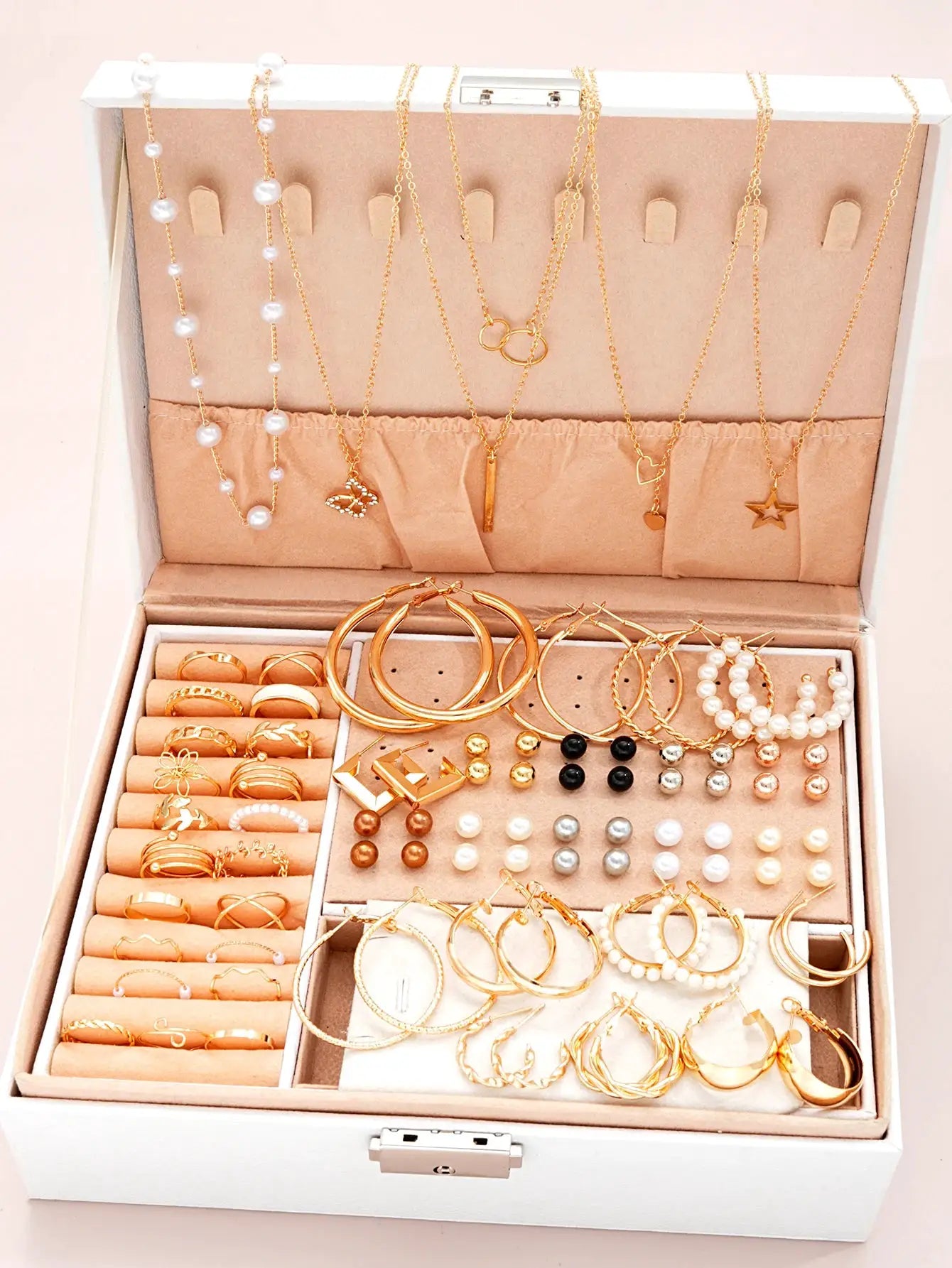 86 Piece Set Elegant Pearl Earrings Multi Layered Necklace Ear Studs Rings 4 In 1 Jewelry Set For Women Daily Wear Gift
