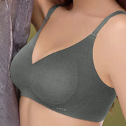 Simples Market latex cup bra, green-gray soft-support bralette with V-neck and Smile logo.